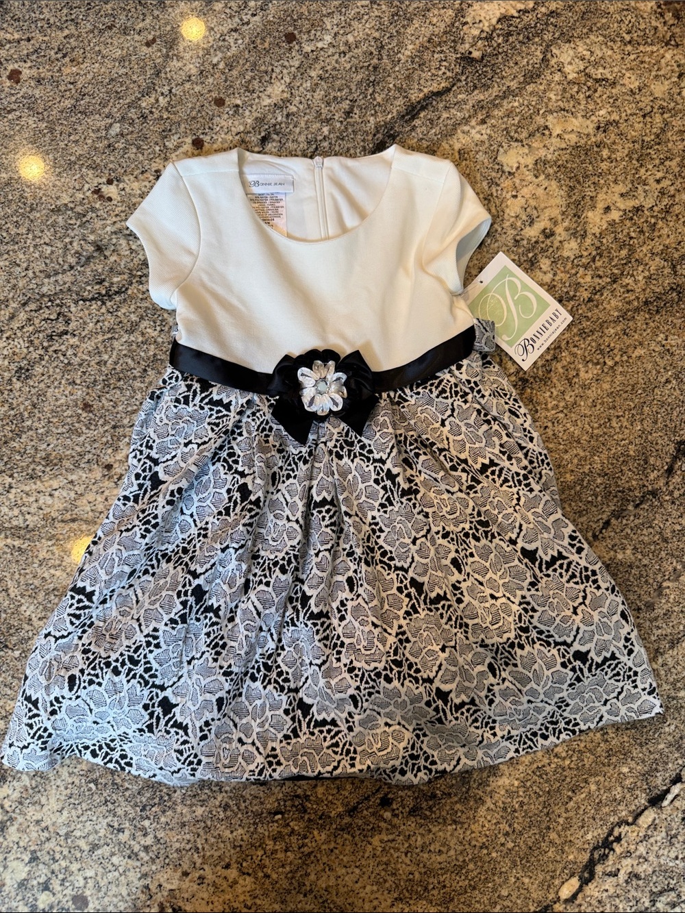 NWT 
Bonnie Jean  White & Black Lace Dress with Floral Waist Accent 4T